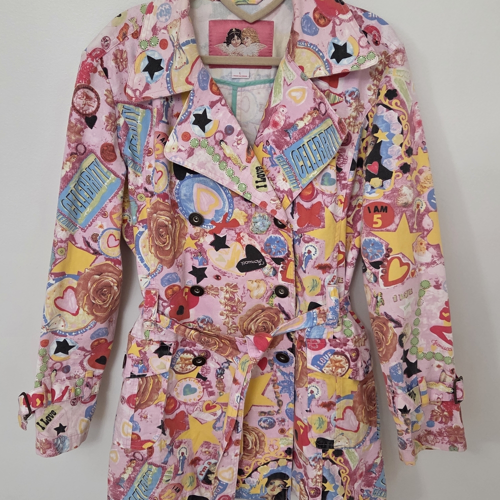 Vintage Fiorucci Angels Pop Art Trench Coat – Y2K Graphic Print – Hearts Roses - Picture 4 of 9